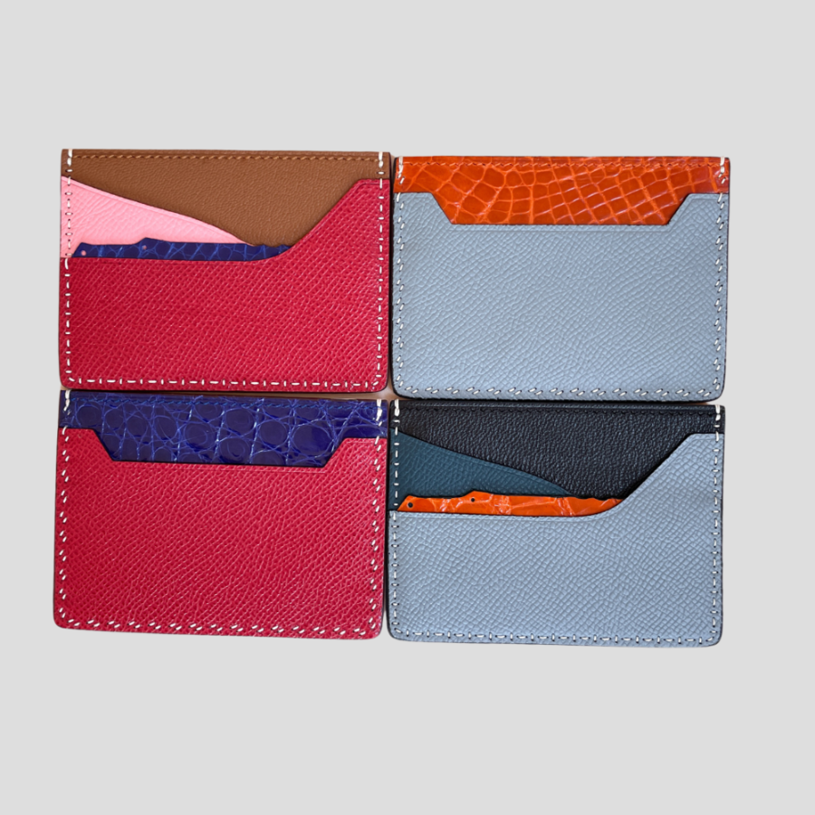 contrast hand sewn croc epsom leather cardholder caraviche