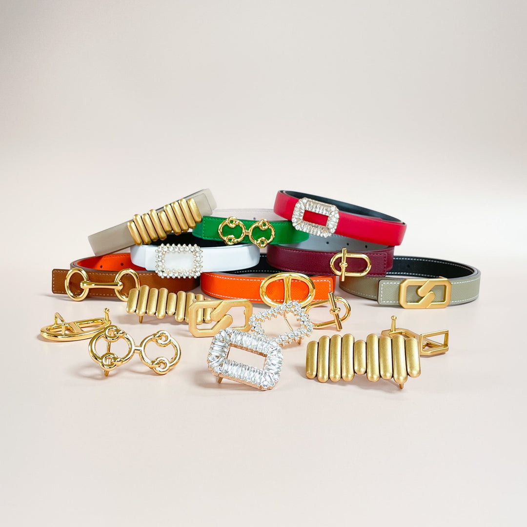mix and match swappable belt collection with brass, gold, rhinestone, strass, crystal and designer buckles. Leather straps in epsom, lambskin, palmellato,  calfskin leather.